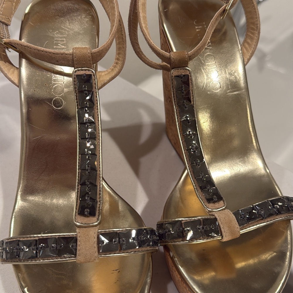 Jimmy Choo Gold Jeweled T-Strap Heels